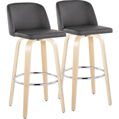 Toriano 30" Swivel Bar Stool in Natural Wood & Grey Leatherette with Chrome Footrest (Set of 2)